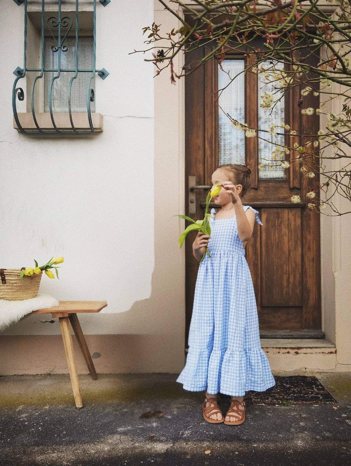 Tie-Shoulder Maxi Dress - Blue Gingham