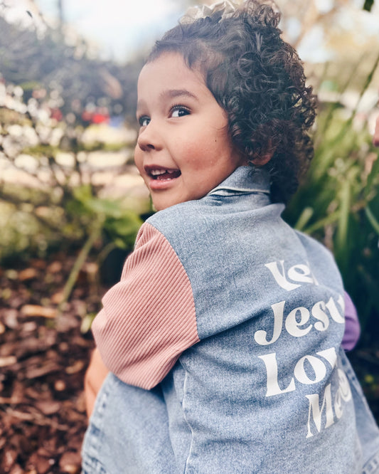 "Jesus Loves Me" Denim Shacket - Lilac/Pink