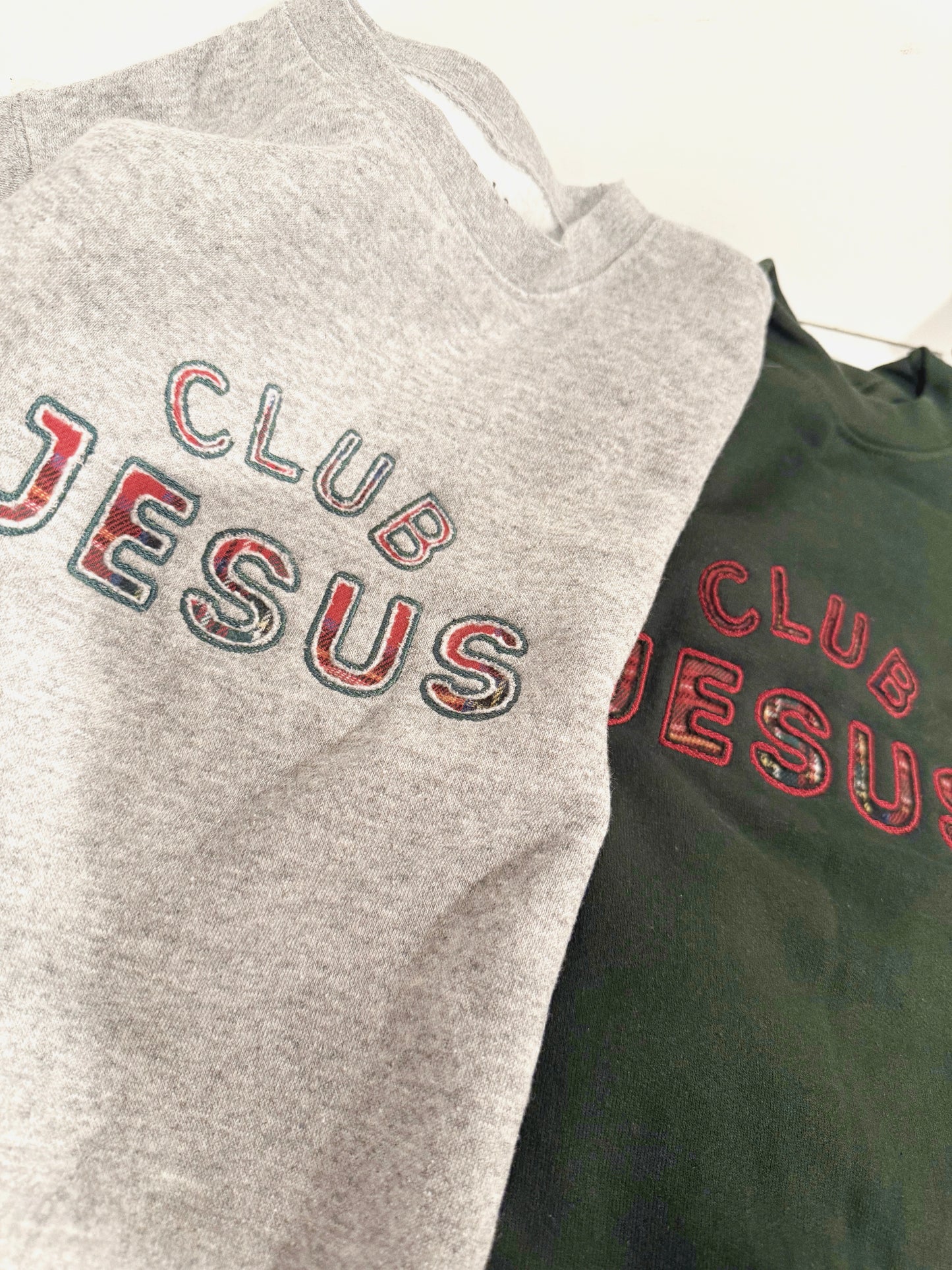 Embroidered "Club Jesus" Crewneck - Red Plaid