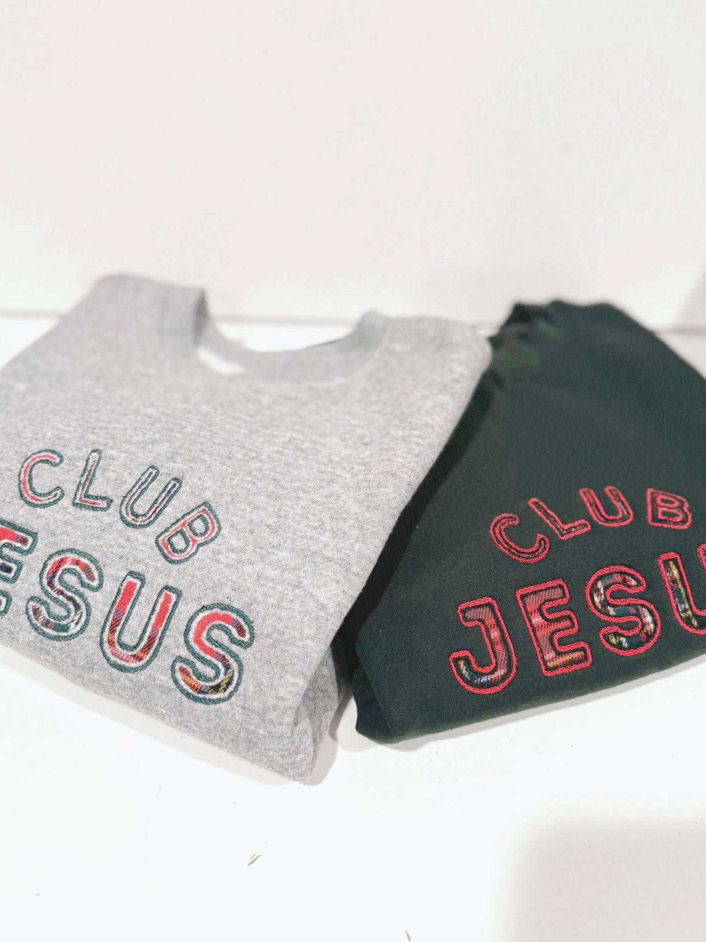 Embroidered "Club Jesus" Crewneck - Red Plaid