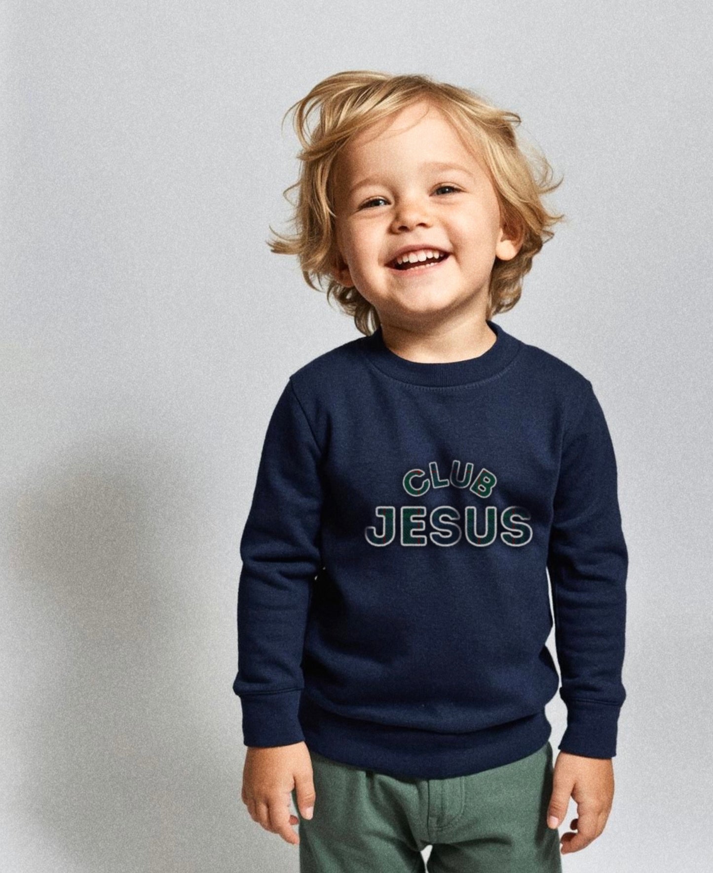 Embroidered "Club Jesus" Crewneck - Green Plaid