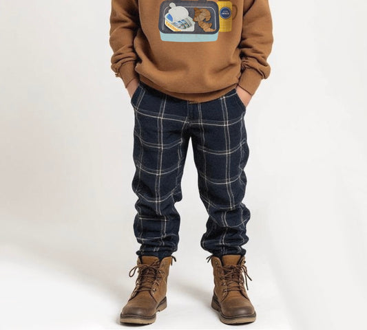 Cotton Plaid Pants - Navy